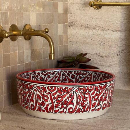 Unique Moroccan Bathroom Sink – Custom Hand-Painted Ceramic Basin – Red Organic Design Round Vessel